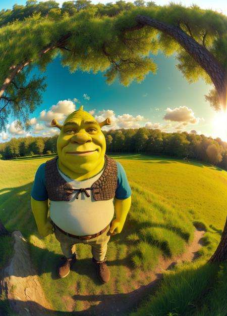 fisheye lens, portrait photo of shrk standing in a grassy landscape, grassy hills, sunny day, bright, vibrant colors <lora:Shrek_remasteredV1:0.7>