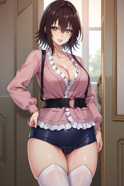 (masterpiece, best quality:1.2), , cowboy shot, solo, 1girl, mikado ryouko, smile, looking at viewer, hand in pocket, skirt, thighhighs, cleavage, big pupil, big eye, long eyeslash, full lips 