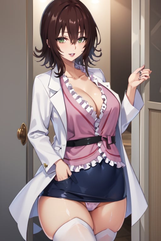 (masterpiece, best quality:1.2), , cowboy shot, solo, 1girl, mikado ryouko, smile, looking at viewer, hand in pocket, labcoat, skirt, thighhighs, cleavage, big pupil, long eyeslash, full lips 