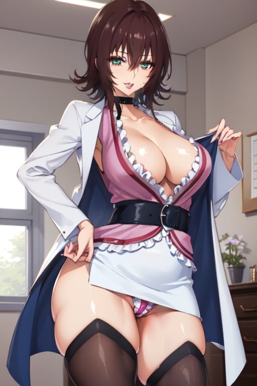 (masterpiece, best quality:1.2), , cowboy shot, solo, 1girl, mikado ryouko, smile, looking at viewer, hand in pocket, labcoat, skirt, thighhighs, cleavage, big pupil, big eye, long eyeslash, full lips 