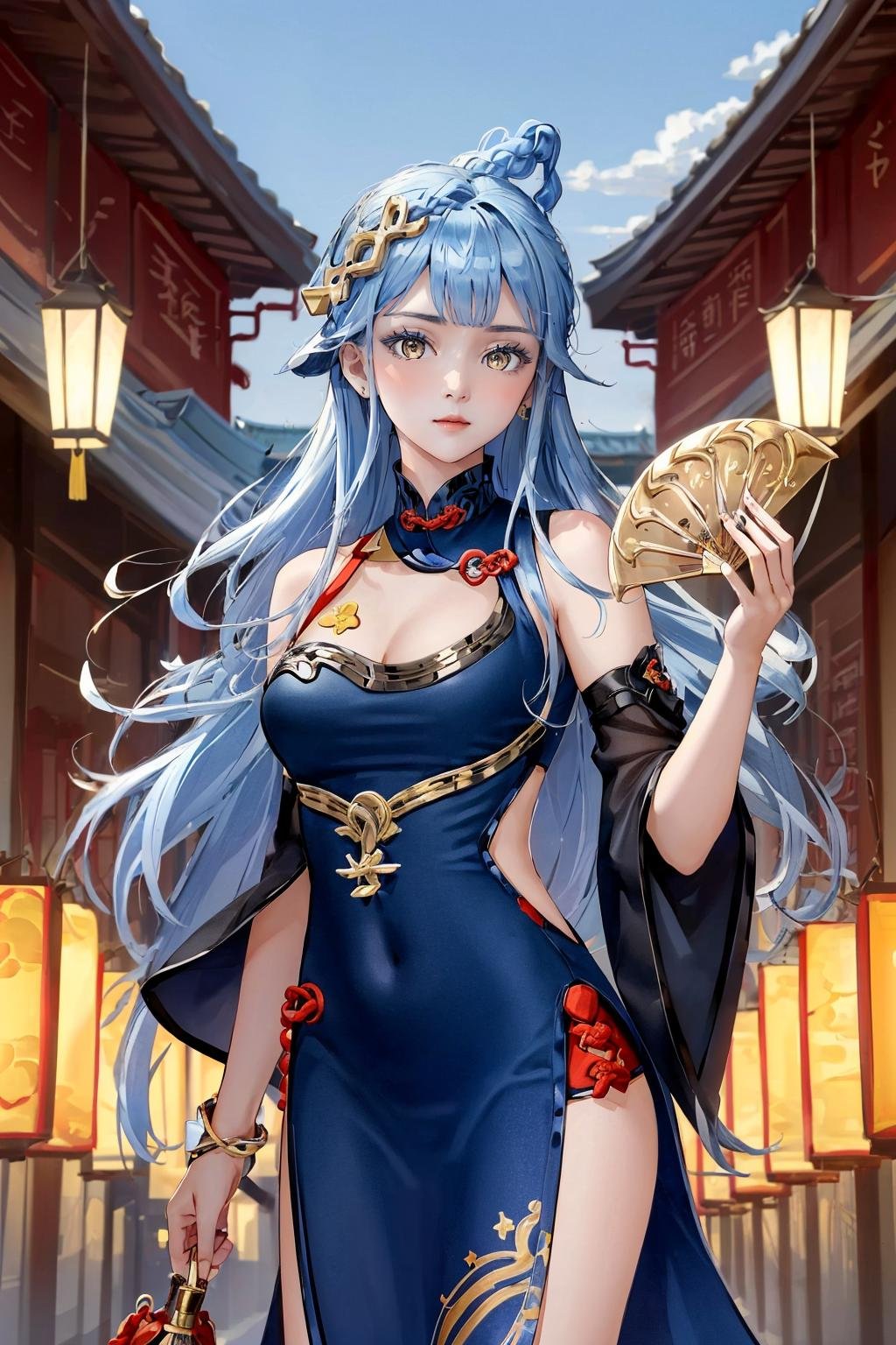 <lora:Yue-09:0.8>,((big breasts)), 1girl, solo, long hair, looking at viewer, hair ornament, dress, holding, bare shoulders, closed mouth, blue hair, yellow eyes, braid, artist name, covered navel, blue dress, chinese clothes, china dress, hand fan, folding fan, light blue hair, holding fan, Jordyn Huitema, (masterpiece,best quality:1.5), (masterpiece,best quality:1.5), Hold the fan with the right hand, the left hand does not hold the fan, Chinese imperial palace, feudal China, wooden castle, lake, (lantern), sparkling, (masterpiece,best quality:1.5), (masterpiece,best quality:1.5)