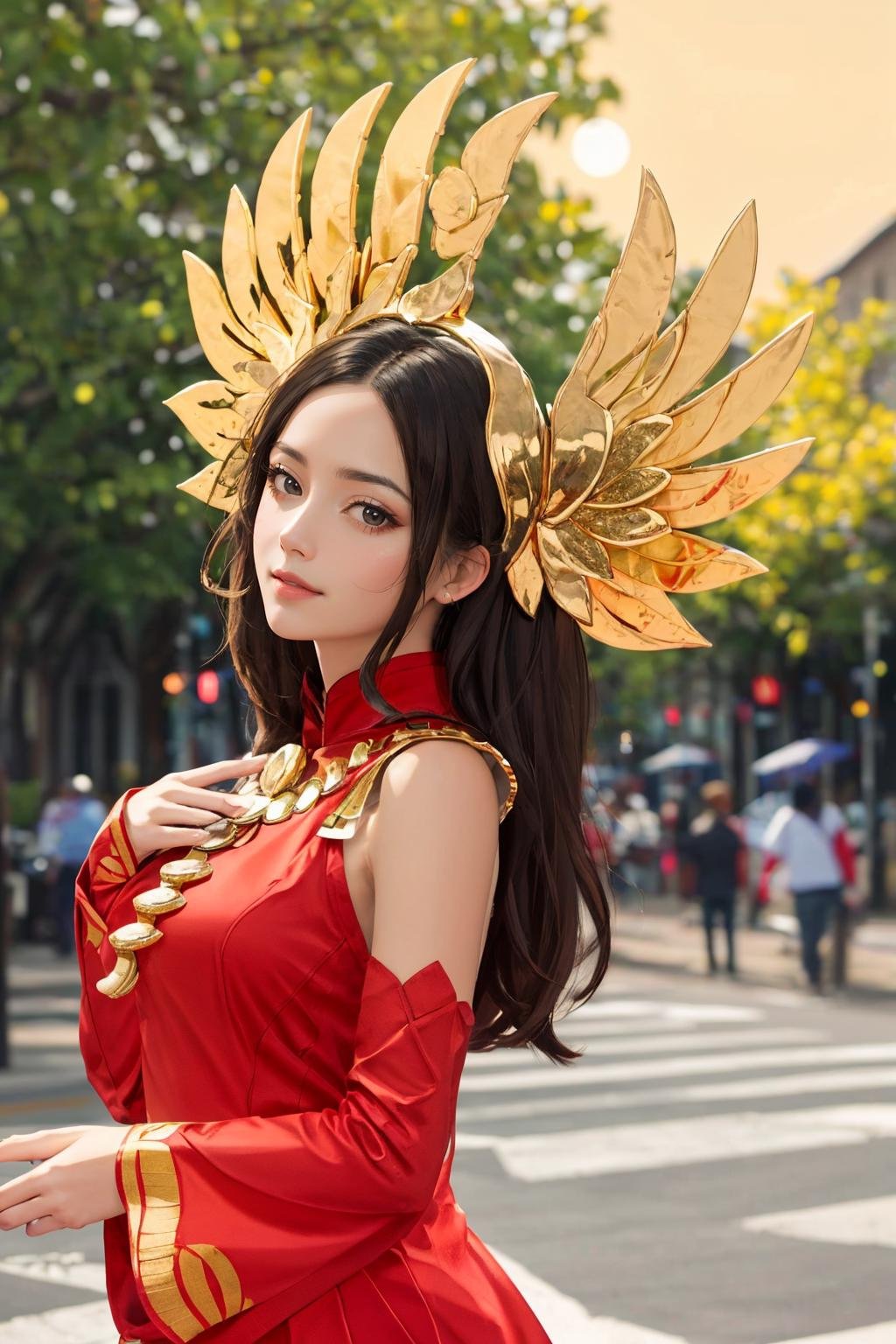 <lora:ilumia-09:0.7>, (((big breasts))), 1girl, solo, long hair, looking at viewer, brown hair, black hair, hair ornament, dress, bare shoulders, brown eyes, closed mouth, upper body, outdoors, detached sleeves, blurry, blurry background, chinese clothes, red dress, (abstract background:1.2), smile, (masterpiece,best quality:1.5), (masterpiece,best quality:1.5),ultra realistic,32k,RAW photo,(high detailed skin:1.2), 8k uhd, dslr, soft lighting, high quality, film grain,F/5 ,(🛕,???﷿️),🌹,🌱,🍂, pretty girl,goddess of love, royal style, gold accessories,(🌈,🌕,⛈️,⭐️,✨),((wind)),, soft lighting,gorgeous light and shadow ,stunning environment ,vibrant colors, Raining