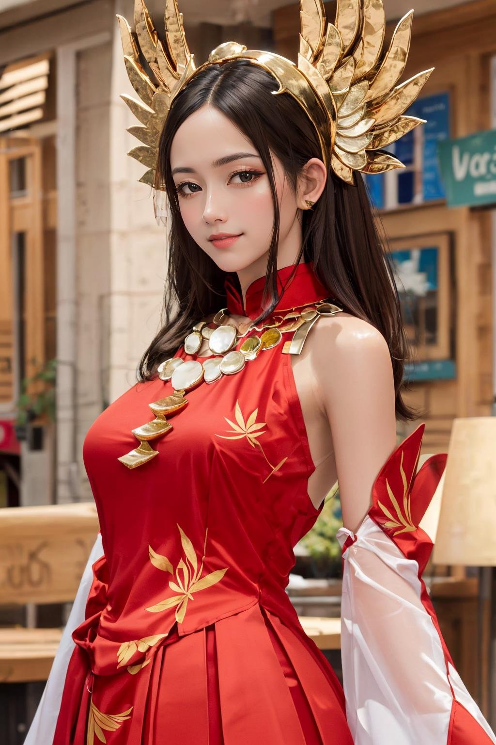 <lora:ilumia-09:0.75>, (((big breasts))), 1girl, solo, long hair, looking at viewer, brown hair, black hair, hair ornament, dress, bare shoulders, brown eyes, closed mouth, upper body, outdoors, detached sleeves, blurry, blurry background, chinese clothes, red dress, (abstract background:1.2), (smile), (masterpiece,best quality:1.5), (masterpiece,best quality:1.5),ultra realistic,32k,RAW photo,(high detailed skin:1.2), 8k uhd, dslr, soft lighting, high quality, film grain,trending on artstation ,(???﷿️),🌱,🪨, ( Mauve pleated skirt  , buttoned shirt ) ,((winter day )),collarbone, cleavage, eardrop,lady ,long hair,necklace ,(medium  breast),(sexy:1.3),(lewd),coffee shop, vibrant colors,stunning environment ,soft lighting,gorgeous light and shadow , Sunny