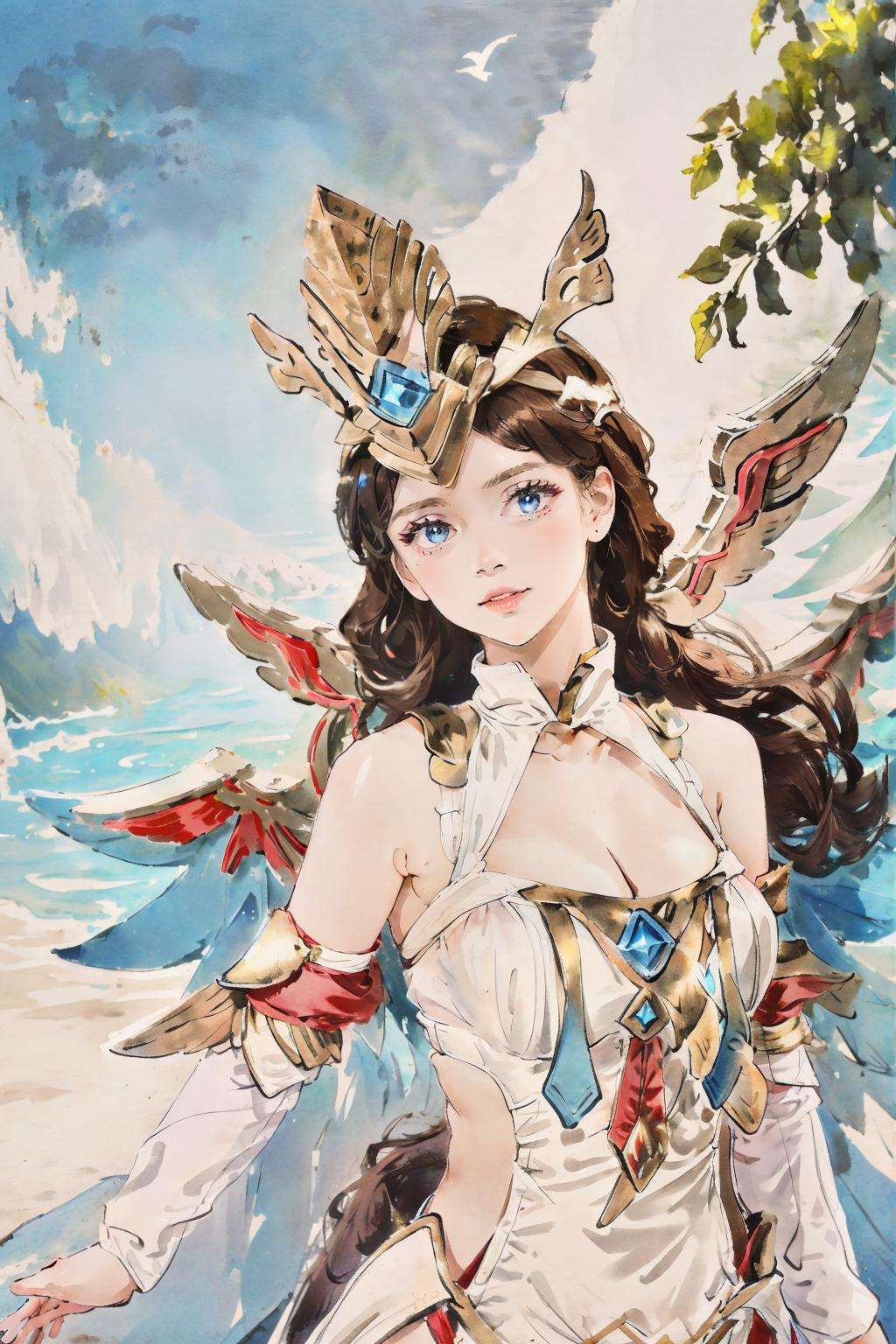 ((big breasts)), ((big breasts)), 1girl, solo, long hair, brown hair, black hair, dress, cleavage, bare shoulders, medium breasts, outdoors, detached sleeves, wings, white dress, bird,  (blue wing), BREAK green wings, white clothes,  <lora:lauriel-08:1>, big wing, fly, (masterpiece,best quality:1.5)