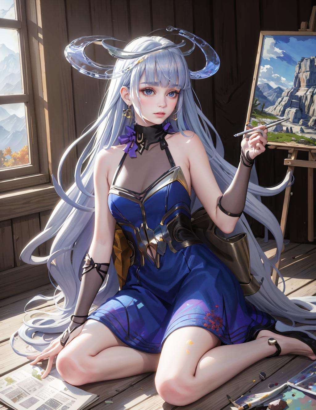 Sinestrea_Wave, ((big breasts)), 1girl, solo, long hair, dress, bare shoulders, jewelry, medium breasts, very long hair, blue hair, full body, weapon, earrings, barefoot, sleeveless, signature, blunt bangs, sleeveless dress, halo, polearm, purple dress, floating, reflection, toenails <lora:Sinestrea_Wave:0.9>, sitting, (masterpiece,best quality:1.5), (masterpiece,best quality:1.5),ultra realistic,32k,RAW photo,(high detailed skin:1.2), 8k uhd, dslr, soft lighting, high quality, film grain,Fuji superia 400 ,(🛕,???﷿️),🌹,🌳,🪵, lady,(moss overalls, camisole:1.1),long hair, (wavy hair, cheetah print hair),summer day, in the painting studio,messy drawings,large  breast,autumn day,(🍁:1.1), Working,sweaty,gorgeous light and shadow, stunning environment,(vibrant colors:1.2),palettes, paintbrushes, paint splatters,, Kings Canyon National Park, Snowy