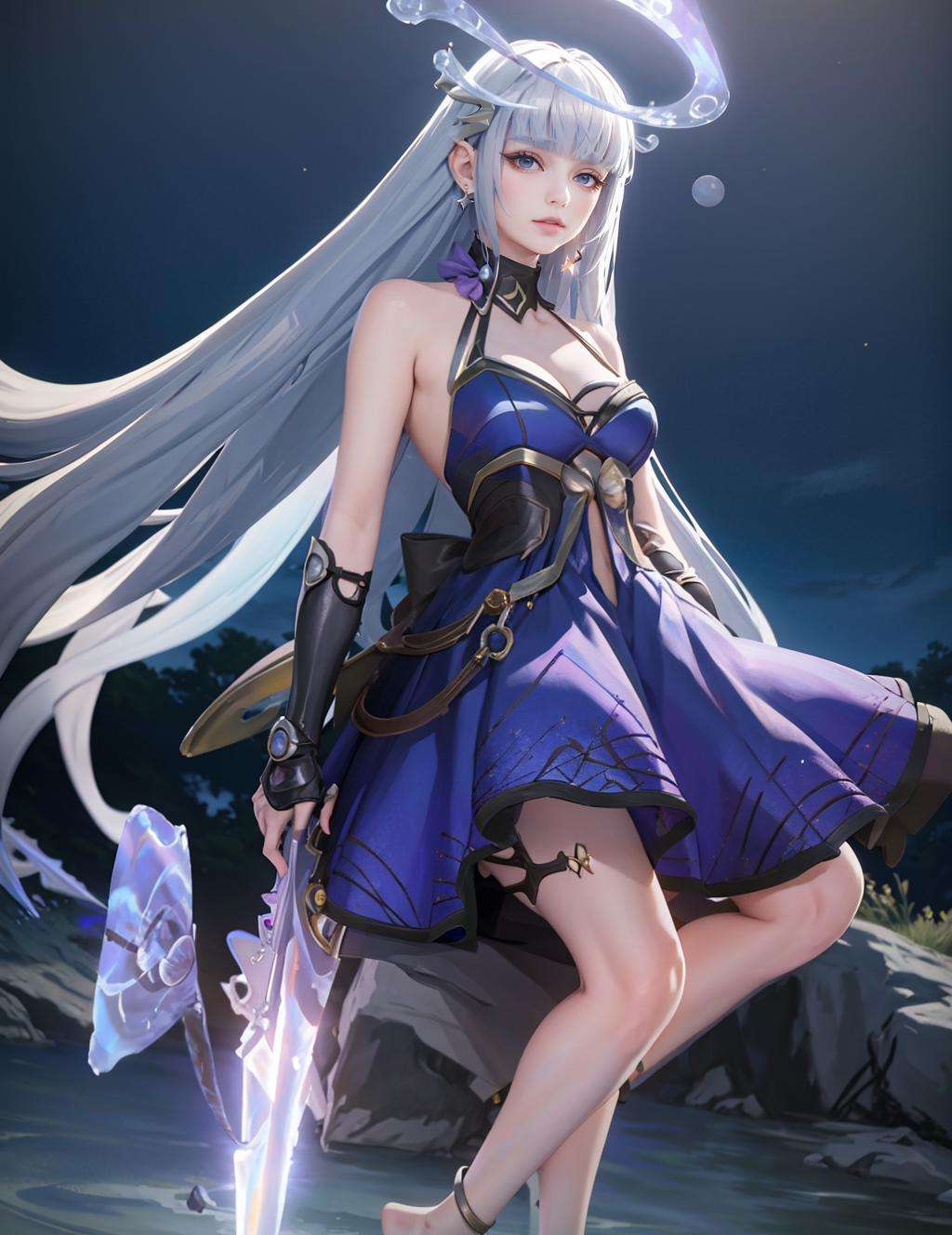 Sinestrea_Wave, ((big breasts)), 1girl, solo, long hair, dress, bare shoulders, jewelry, medium breasts, very long hair, blue hair, full body, weapon, earrings, barefoot, sleeveless, signature, blunt bangs, sleeveless dress, halo, polearm, purple dress, floating, reflection, toenails <lora:Sinestrea_Wave:0.9>, sitting, (masterpiece,best quality:1.5), (masterpiece,best quality:1.5),ultra realistic,32k,RAW photo,(high detailed skin:1.2), 8k uhd, dslr, soft lighting, high quality, film grain,4K ,(🌊,???﷿️),🍀,🌹,🐚, pretty girl,goddess of love, royal style, deep orange dress,(🌈,⭐️,✨),((wind)), sexy, large  breast, zoo, The Tower of Isengard, at Dawn