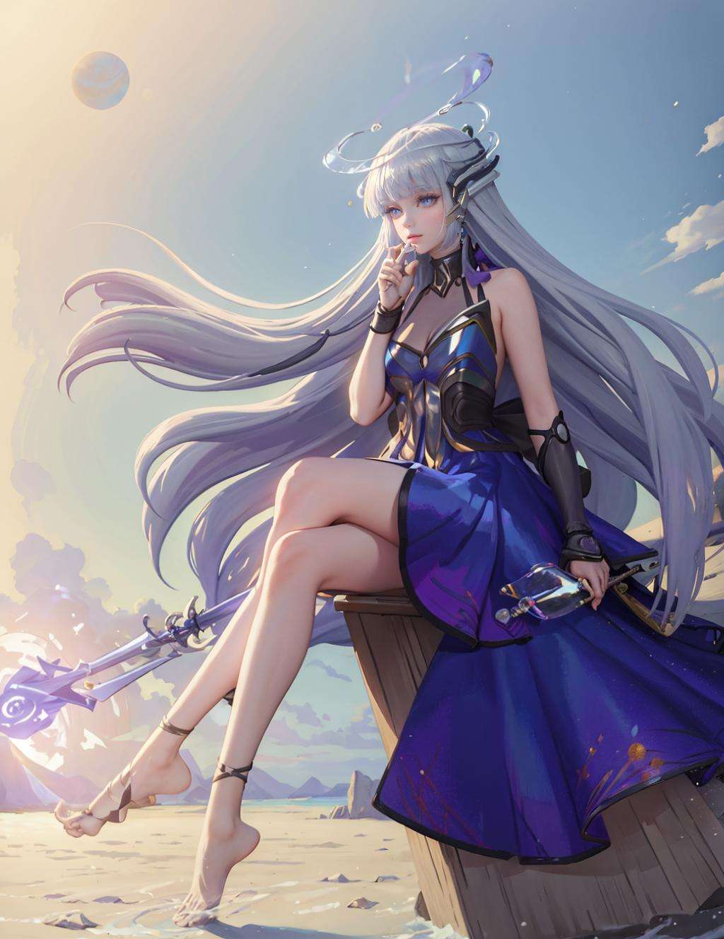 Sinestrea_Wave, ((big breasts)), 1girl, solo, long hair, dress, bare shoulders, jewelry, medium breasts, very long hair, blue hair, full body, weapon, earrings, barefoot, sleeveless, signature, blunt bangs, sleeveless dress, halo, polearm, purple dress, floating, reflection, toenails <lora:Sinestrea_Wave:0.9>, sitting, (masterpiece,best quality:1.5), (masterpiece,best quality:1.5), Style of Hayv Kahraman,islandpunk (???﷿️),🍄, Franklin D. Roosevelt, Satisfying, Tablets,warm,Murano,London, library, Snowing