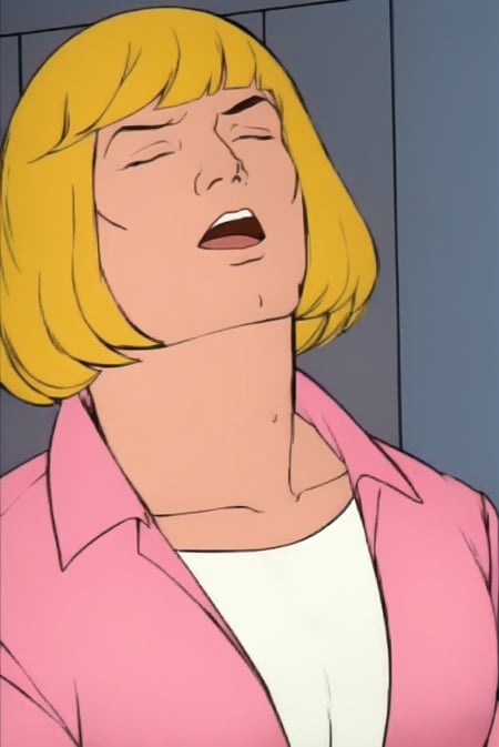 he-man <lora:he-man_offset:1>, (masterpiece, best quality), blonde hair, solo, shirt, (((meme))), parody, closed eyes, white shirt, 1girl, 1boy, pink jacket, bangs, male focus, short hair, open mouth, upper body, jacket, looking above