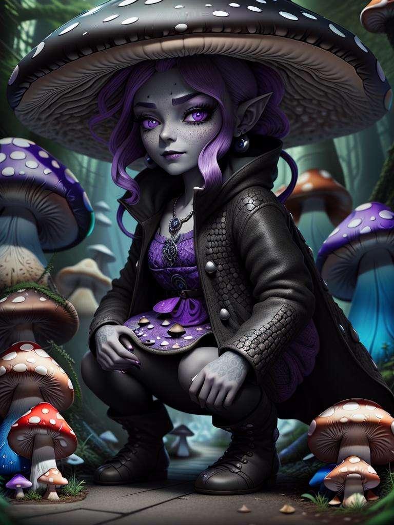 slim JijiAI draconian girl standing in a street,  ShroomPunkAI labcoat, ultra realistic, octane render, 8k   BREAKpointy ears, (blackish ShroomPunkAI scaly skin:1.3),black lips, black eye shadow,(beautiful purple eyes), perfect anatomy,dragon horns, <lora:ShroomPunkAI:.8>