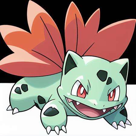 sugimori ken \(style\), bulbasaur, solo, looking at viewer, smile, open mouth, red eyes, full body, :d, no humans, pokemon \(creature\), fangs, happy, claws, bright pupils, white pupils, white background,<lora:sugimori_ken_style_2:0.5>