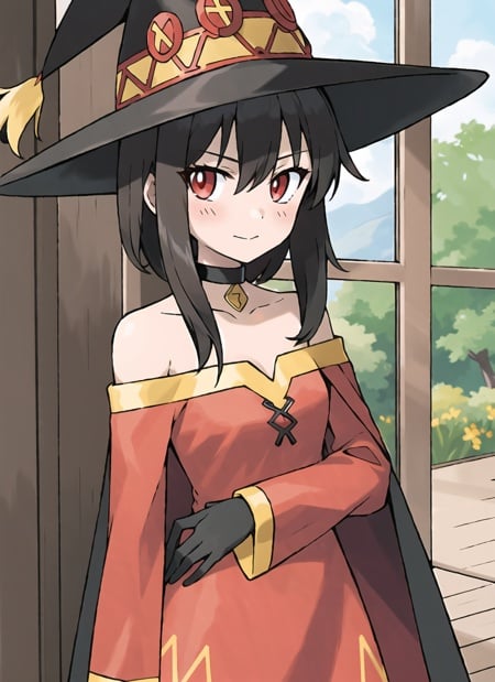 sugimori ken \(style\), megumin, 1girl, bare shoulders, black hair, black cape, black gloves, blush, cape, choker, collarbone, dress, hair between eyes, hat, long sleeves, looking at viewer, medium hair, off-shoulder dress, off shoulder, red dress, red eyes, sidelocks, solo, witch hat, indoors, ((masterpiece)) <lora:pokemon_v3_offset:1>