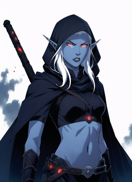 drow, female, pointy ears, solo, elf, navel, hood, colored skin, midriff, looking at viewer, long hair, cloak, dark elf, breasts, white hair, hood up, cape, medium breasts, hooded cloak, belt, pouch, red eyes, grey skin, orange eyes, upper body, weapon, glowing eyes, lips, ((masterpiece, best quality)) <lora:drow_offset:1> <lora:vox_machina_style2:0.5>