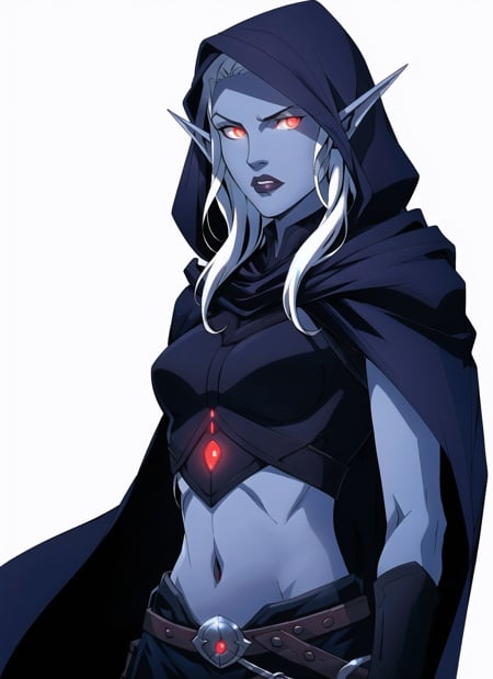 drow, female, pointy ears, solo, elf, navel, hood, colored skin, midriff, looking at viewer, long hair, cloak, dark elf, breasts, white hair, hood up, cape, medium breasts, hooded cloak, belt, pouch, red eyes, grey skin, orange eyes, upper body, weapon, glowing eyes, lips, ((masterpiece, best quality)) <lora:drow_offset:1> <lora:vox_machina_style2:0.5>