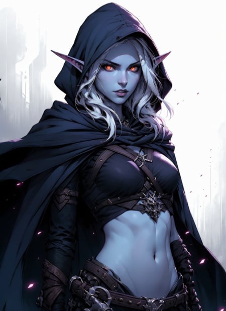 drow, female, pointy ears, solo, elf, navel, hood, colored skin, midriff, looking at viewer, long hair, cloak, dark elf, breasts, white hair, hood up, cape, medium breasts, hooded cloak, belt, pouch, red eyes, grey skin, orange eyes, upper body, weapon, glowing eyes, lips, ((masterpiece, best quality)), art by greg rutkowski, trending on artstation  <lora:drow_offset:1>