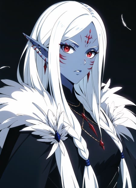 drow, female, pointy ears, solo, long hair, jewelry, earrings, feathers, braid, red eyes, colored skin, looking at viewer, upper body, white hair, facial mark, breasts, elf,  ear piercing, fur trim, single braid, blue skin, dark skin, dark background, ((masterpiece, best quality)) <lora:drow_offset:1>