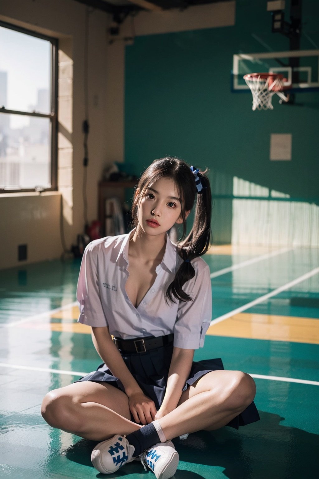 //Photo of,
1girl, solo
//Camera style,
centered shot, from front, face and waist,  look at camera,
long ponytails hair , blue bow,
//Body,
symmetrical body, (small breasts:1.6), flat chest, (perfect anatomy:1.2),
//Fashion,
white shirt collar ( pleated 4 buttons ), (black short pleated skirt:1.2), belt, 
// Basketball court backgrouds , sunshine
//Best Quality,
High quality, masterpiece, realistic, photorealistic, ultra high res, highly detailed skin, 