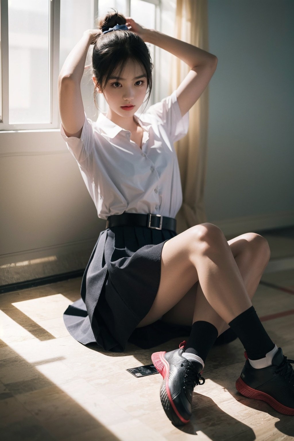 //Photo of,
1girl, solo
//Camera style,
centered shot, from front, face and waist,  look at camera,
long ponytails hair , blue bow,
//Body,
symmetrical body, (small breasts:1.6), flat chest, (perfect anatomy:1.2),
//Fashion,
white shirt collar ( pleated 4 buttons ), (black short pleated skirt:1.2), belt, black girl student shoes ,
// Basketball court backgrouds , sunshine
//Best Quality,
High quality, masterpiece, realistic, photorealistic, ultra high res, highly detailed skin, 