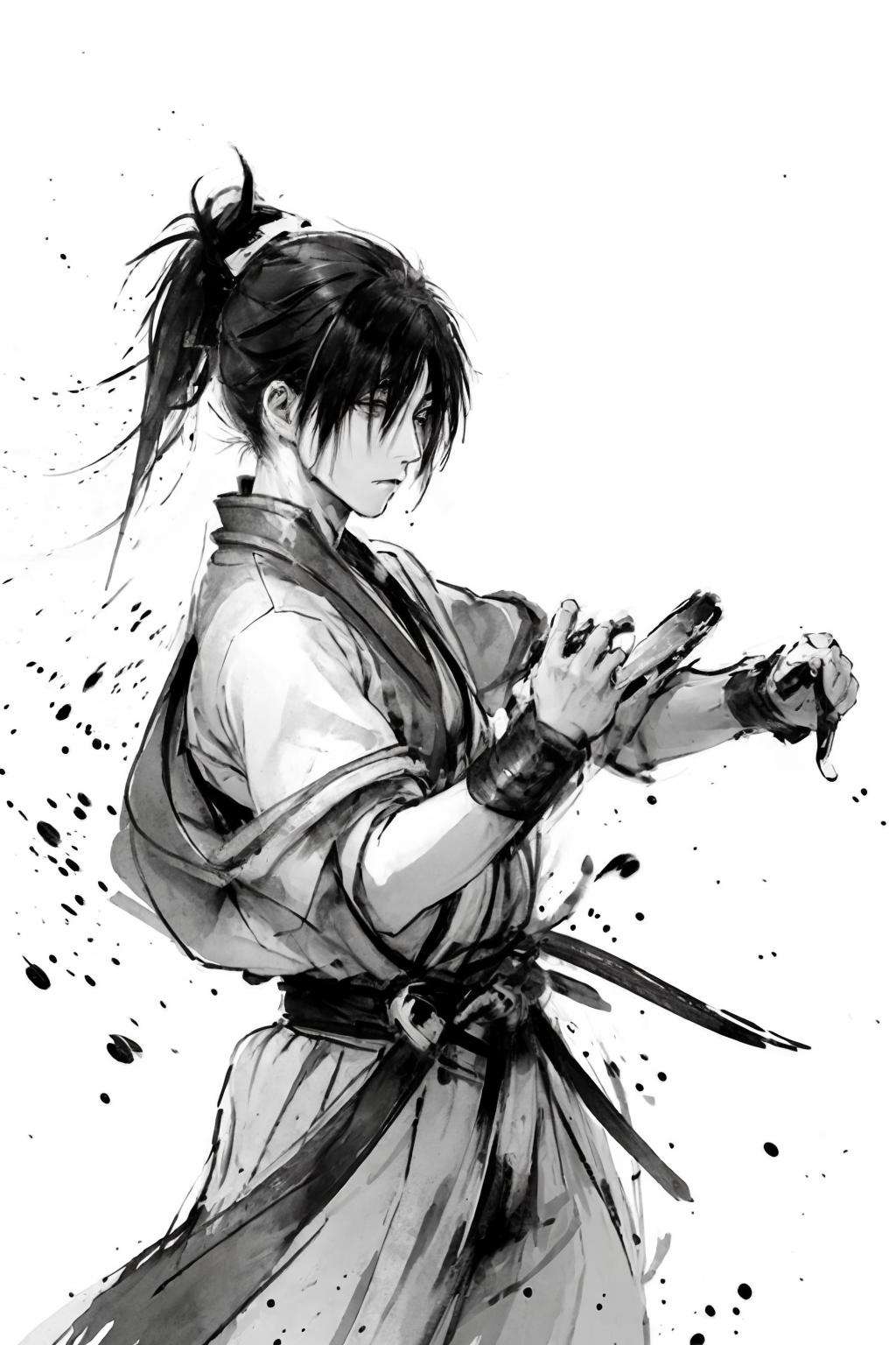 masterpiece, best quality,1boy,standing, black hair bun,cold face, upper body, (front),ink splash,martial arts, full body