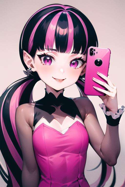 ((masterpiece,best quality)), absurdres, <lora:Draculaura_v3-10:0.9>, draculaura_mh, pink top, upper body, extremely detailed face, smile, blushing, selfie, holding phone, 