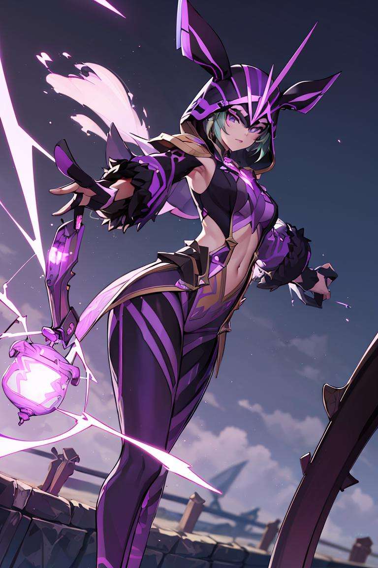 ((masterpiece,best quality)), absurdres,<lora:Electro_Cicin:0.6>, Electro_Cicin, solo, purple electricity in background, cinematic composition, dynamic pose,