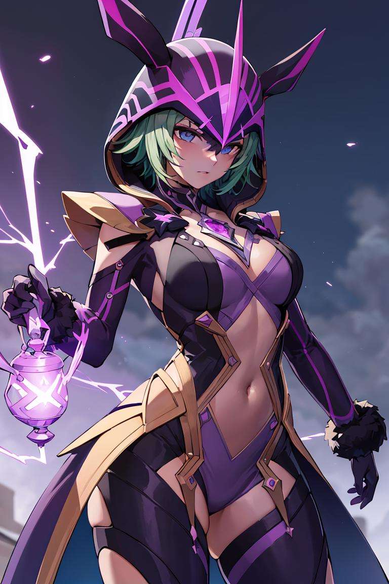 ((masterpiece,best quality)), absurdres,<lora:Electro_Cicin:0.6>, Electro_Cicin, solo, cowboy shot, curvy,purple electricity in background, cinematic composition, dynamic pose,