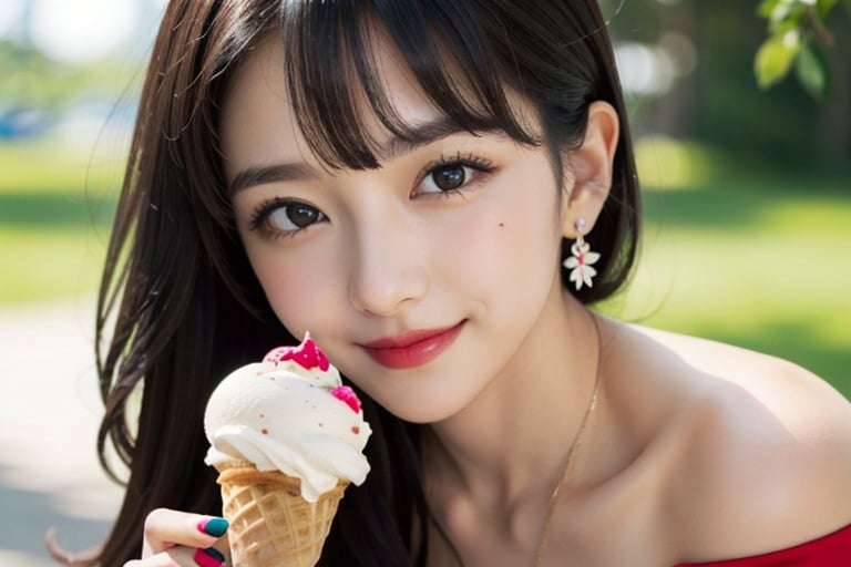 masterpiece,best quality,detail,1girl, solo, food, puiple hair, realistic,long hair, looking at viewer, ice cream, blurry, holding, blurry background, red nails, bangs, lips, brown eyes, closed mouth, red lips, portrait, nail polish, hair ornament, ice cream cone, smile, holding food, close-up, depth of field,off-shoulder