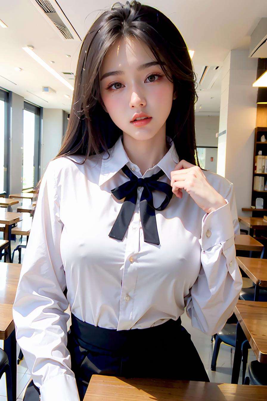 (masterpiece), best quality, perfect face,  1girl,,formal  blouse,  in the cafe, <lora:Maeylin-06:1>