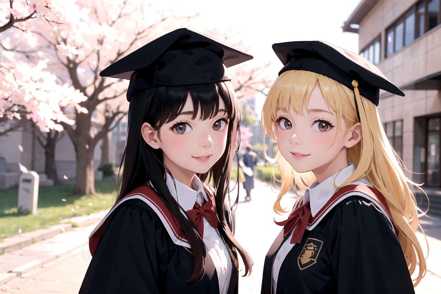 academic gown, academic robe, mortarboard, square cap, university campus, buildings, cherry blossoms, smiling, 2girls, detailed uniform, look at viewer, (SIGMA 85mm f1.4), depth of field, bokeh,  detailed photorealistic background, diffused natural sunlight, diffused natural skin glow