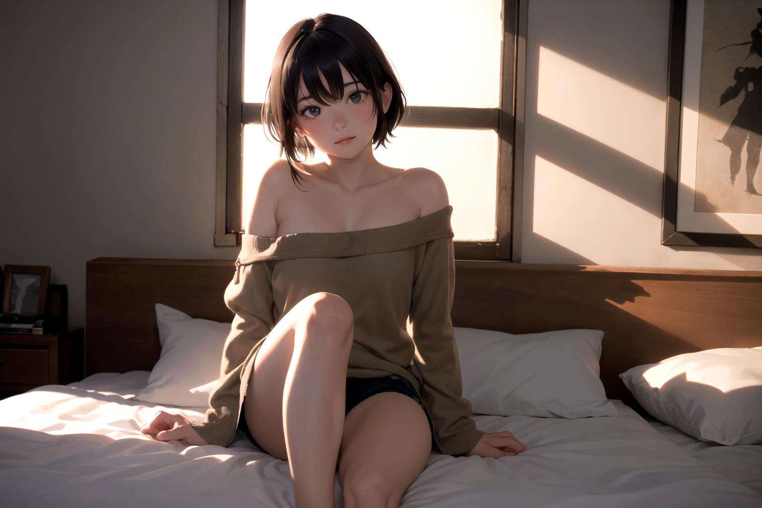 1girl, cute, sitting on bed, bedroom, detailed background, indoor, hires, (photorealistic:1.4),  offshoulder, (in the dark, deep shadow,low key, cold light:1.1), diffused natural skin glow,