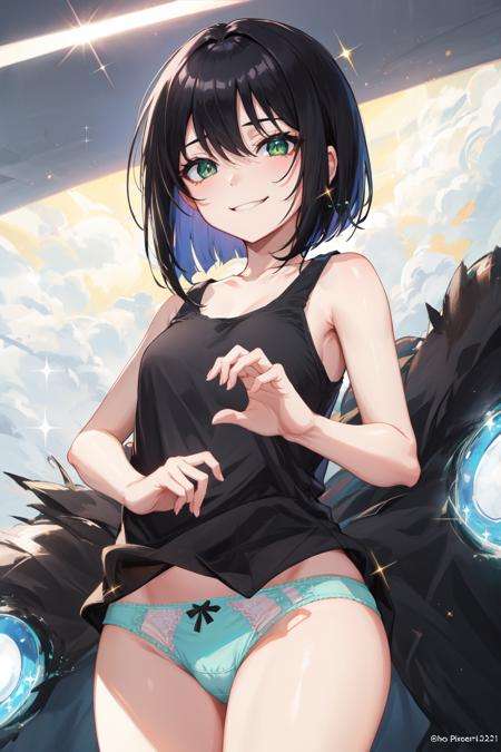 black hair, green eyes, short hair, bob cut, heart hands, smug, smirk, from below, panties, tank top, sparkling eyes