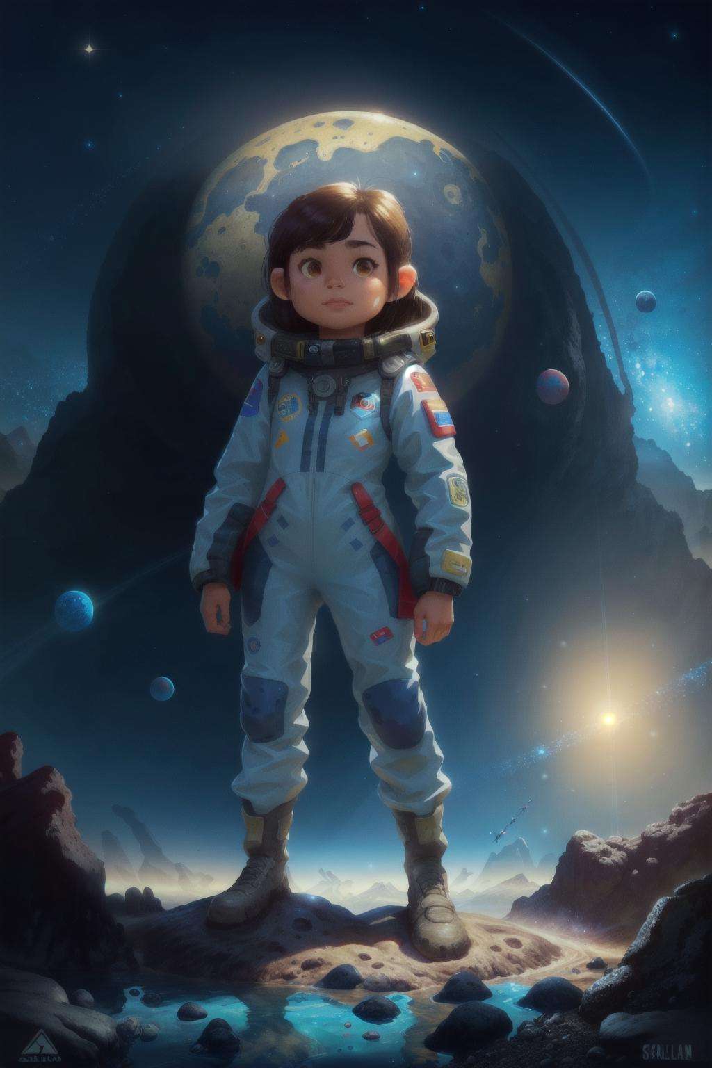 a Chilean girl in a wasteland, explorer suit, alien planet, space, starfield, kid, Rocky Shore <lora:MODILL_RC_V0.04:0.8> 