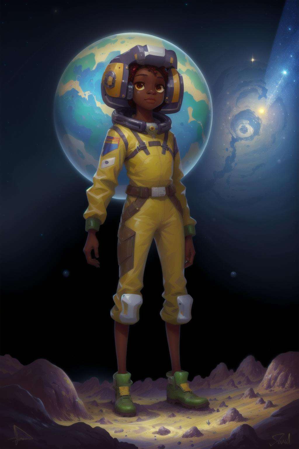 a Angolan girl in a wasteland, explorer suit, alien planet, space, starfield, Alpine Meadow <lora:MODILL_RC_V0.04:0.8> 