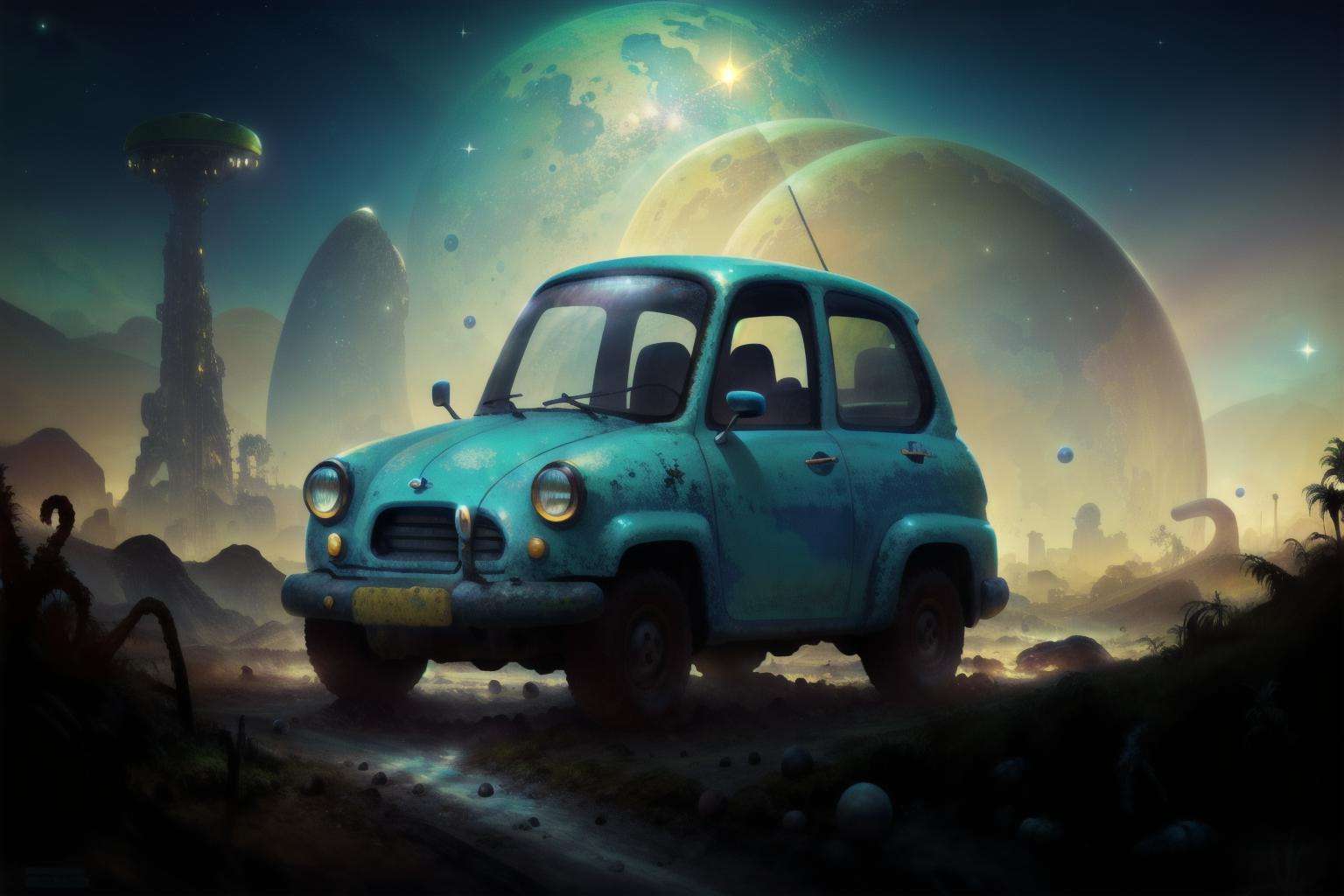 a City car in a wasteland, alien planet, space, starfield, Palm Oil Plantation  <lora:MODILL_RC_V0.04:0.8>