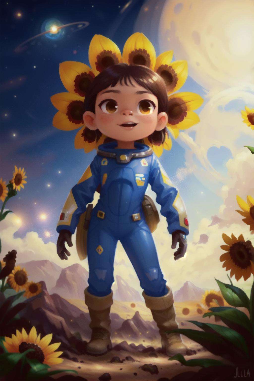 a Honduran girl in a wasteland, explorer suit, alien planet, space, starfield, Sunflower Field <lora:MODILL_RC_V0.04:0.8> 