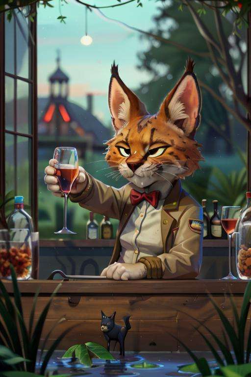 a bartender Lynx behind a counter, Flooded Grassland at Quiet hours, whimsical