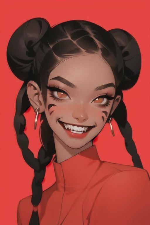 1girl, solo, smile, black hair, jewelry, braid, earrings, teeth, dark skin, hair bun, twin braids, dark-skinned female, double bun, makeup, fangs, facial mark, portrait, red background, hair behind ear, animification,stylemidjurney,1 gril,1 girl