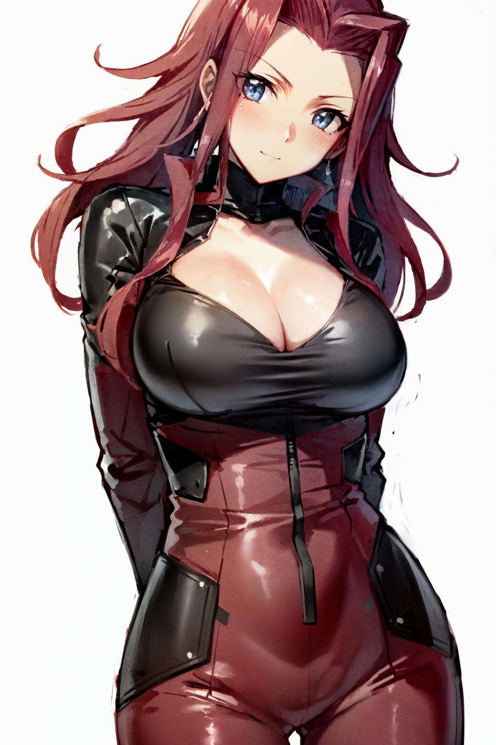 <lora:bikesuit_beta-07:0.7>,latex bikesuit, 1girl, izayoi aki, breasts, solo, cleavage, large breasts, bodysuit, red hair, looking at viewer, biker clothes, bikesuit, white background, blue eyes, simple background, arms behind back, sidelocks, cowboy shot, long hair