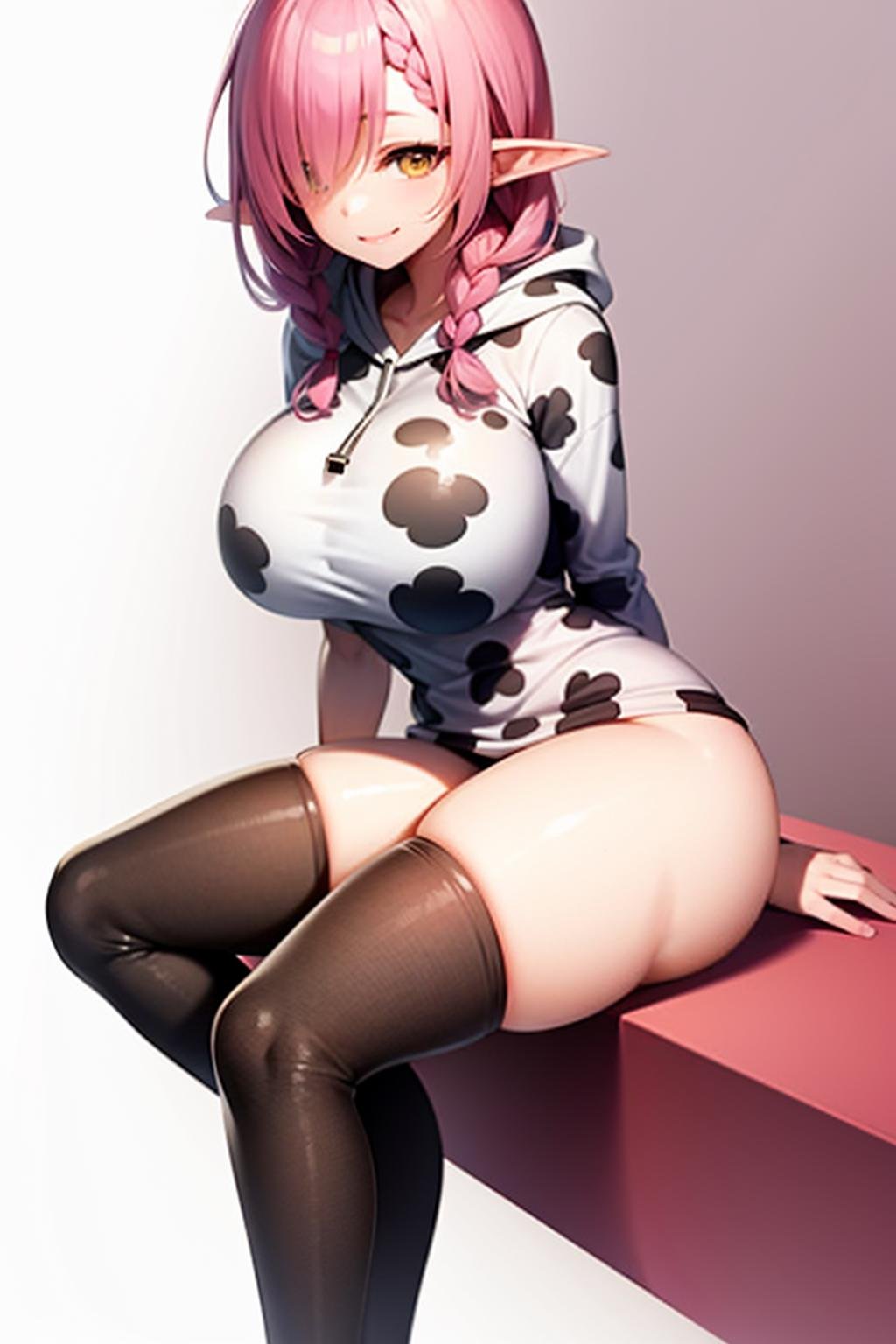 cow print, pink hair, looking at viewer, hoodie, braid, 1girl, white background, smile, cow print hoodie, hair over one eye, thighs, breasts, simple background, solo, hood down, animal print, sitting, yellow eyes, cow print thighhighs,elf <lora:cowprint-06:0.7>