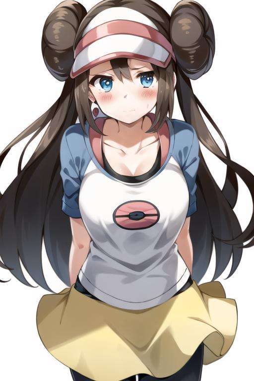 rosa(pokemon), 1girl, solo, pantyhose, double bun,  hair bun, visor cap, brown hair,  blush, blue eyes,  long hair, breasts, white background,full body, yellow  skirt, looking at viewer, collarbone,  legwear under skirt, arm behind back,  short skirt, bangs, cowboy shot, poke ball print,  <lora:rosa-000001:0.8>