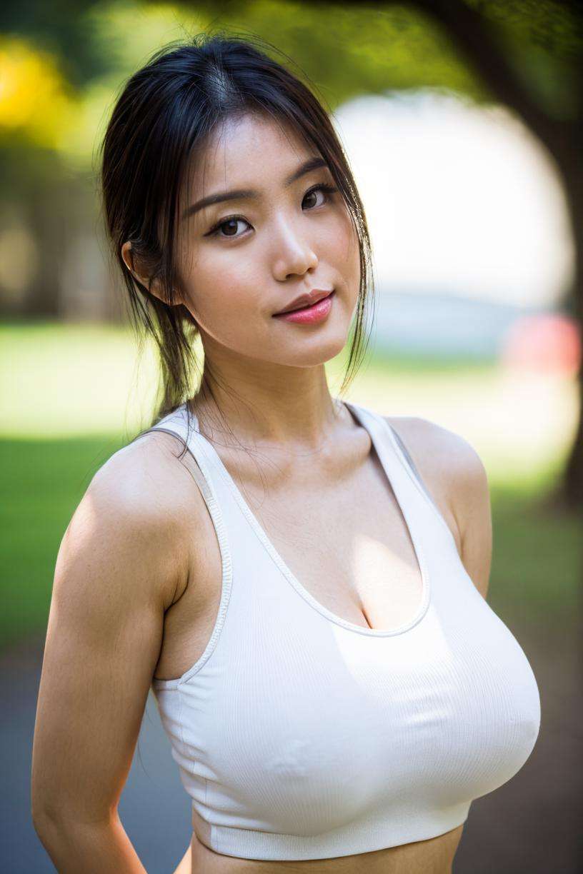 30 years old woman, milf, (at park), ((white tank top:1.2)), RAW photo, (photorealistic:1.37, realistic), highly detailed CG unified 8K wallpapers, 1girl, (thick body:1.1), (huge breasts:1.2) , looking at viewer, (((straight from front))), (HQ skin:1.8, shiny skin), 8k uhd, dslr, soft lighting, high quality, film grain, Fujifilm XT3, ((upper body:1.6)), (professional lighting:1.6) ,  (((( <lora:anastasyakosasih_v1.0:0.85> anastasyakosasih ))))