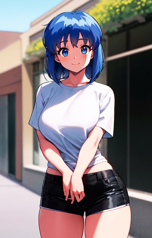 masterpiece, best quality, best aesthetic, anime, ultra detailed, ((1990s \(style\):1.1:1.12)),lilia milcrabe, [1girl:(blue hair, blue eyes, short hair, bangs, (large breasts:1.1), wide hips:1.5):1.0], (white shirt, short sleeves:1.5), (black shorts, short shorts:1.5), (denim shorts:1.2), solo, cowboy shot, (standing:1.2), (smile, closed mouth:1.2), arms at sides, looking at viewer, outdoors, street, <lora:Lilia_Milcrabe-05:0.7:MIDD>