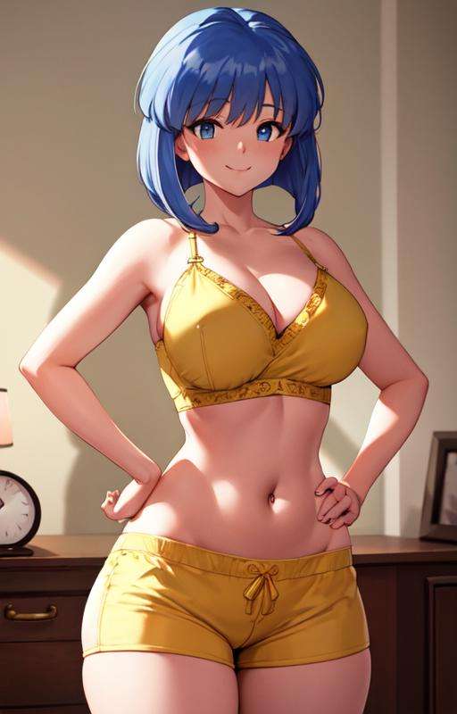 masterpiece, best quality, best aesthetic, anime, ultra detailed, (1990s \(style\):1.1), lilia milcrabe, [1girl:(blue hair, blue eyes, short hair, (bangs:1.31), large breasts, wide hips:1.5):1.0], solo, (yellow bra:1.4), (black shorts, short shorts, boyshort panties:1.3), (navel:1.5), (midriff:1.5), cleavage, standing, cowboy shot, looking at viewer, (smile, closed mouth:1.2), indoors, bedroom, hand on hip, k <lora:Lilia_Milcrabe-08:1:OUTD>