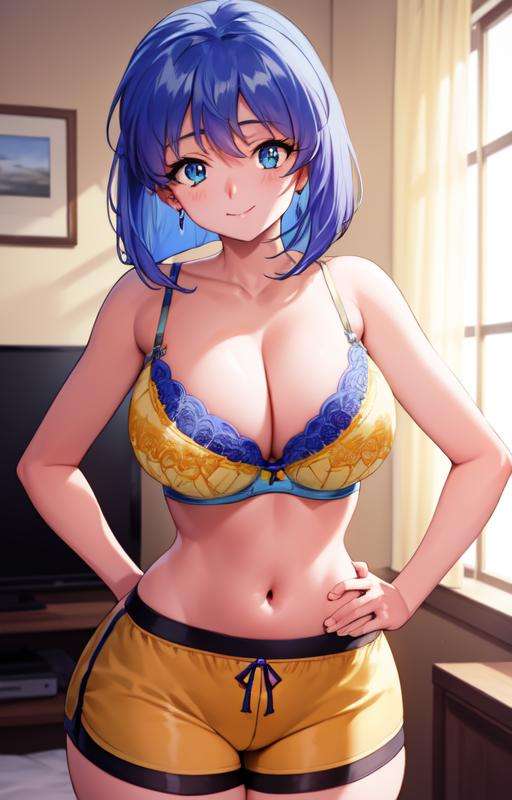 masterpiece, best quality, best aesthetic, anime, ultra detailed, (1990s \(style\):1.1), lilia milcrabe, [1girl:(blue hair, blue eyes, (short hair:1.21), bangs, (large breasts:1.1), wide hips:1.5):1.0], solo, (yellow bra:1.5), (black shorts, short shorts, boyshorts:1.2), (navel, midriff:1.5), (cleavage:1.4), standing, cowboy shot, looking at viewer, (smile, closed mouth:1.2), indoors, bedroom, hand on hip,  <lora:Lilia_Milcrabe-08:1:OUTALL>