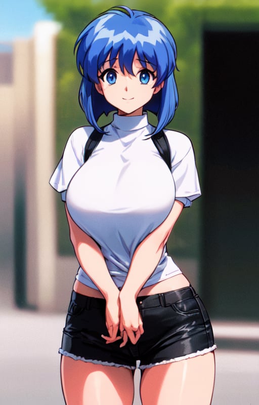 masterpiece, best quality, best aesthetic, anime, ultra detailed, (1990s \(style\):1.1),(lilia:1.33) milcrabe, [1girl:(blue hair, blue eyes, short hair, bangs, (large breasts:1.1), wide hips:1.5):1.0], (white shirt, short sleeves:1.5), (black shorts, short shorts:1.5), (denim shorts:1.2), solo, cowboy shot, (standing:1.2), (smile, closed mouth:1.2), arms at sides, looking at viewer, outdoors, street, <lora:Lilia_Milcrabe-10:0.8:MIDD>