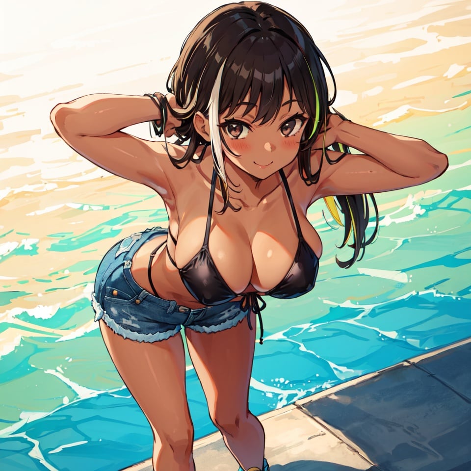 1girl, bikini, black bikini, black eyes, blonde hair, blush, breasts, brown hair, cleavage, collarbone, dark-skinned female, dark skin, denim, denim shorts, full body, gradient hair, gyaru, large breasts, leaning forward, long hair, looking at viewer, multicolored hair, shoes, shorts, summer, smile, sneakers, solo, standing, swimsuit, tan, day, ultra detailed, high quality, masterpiece, sexy, cute
