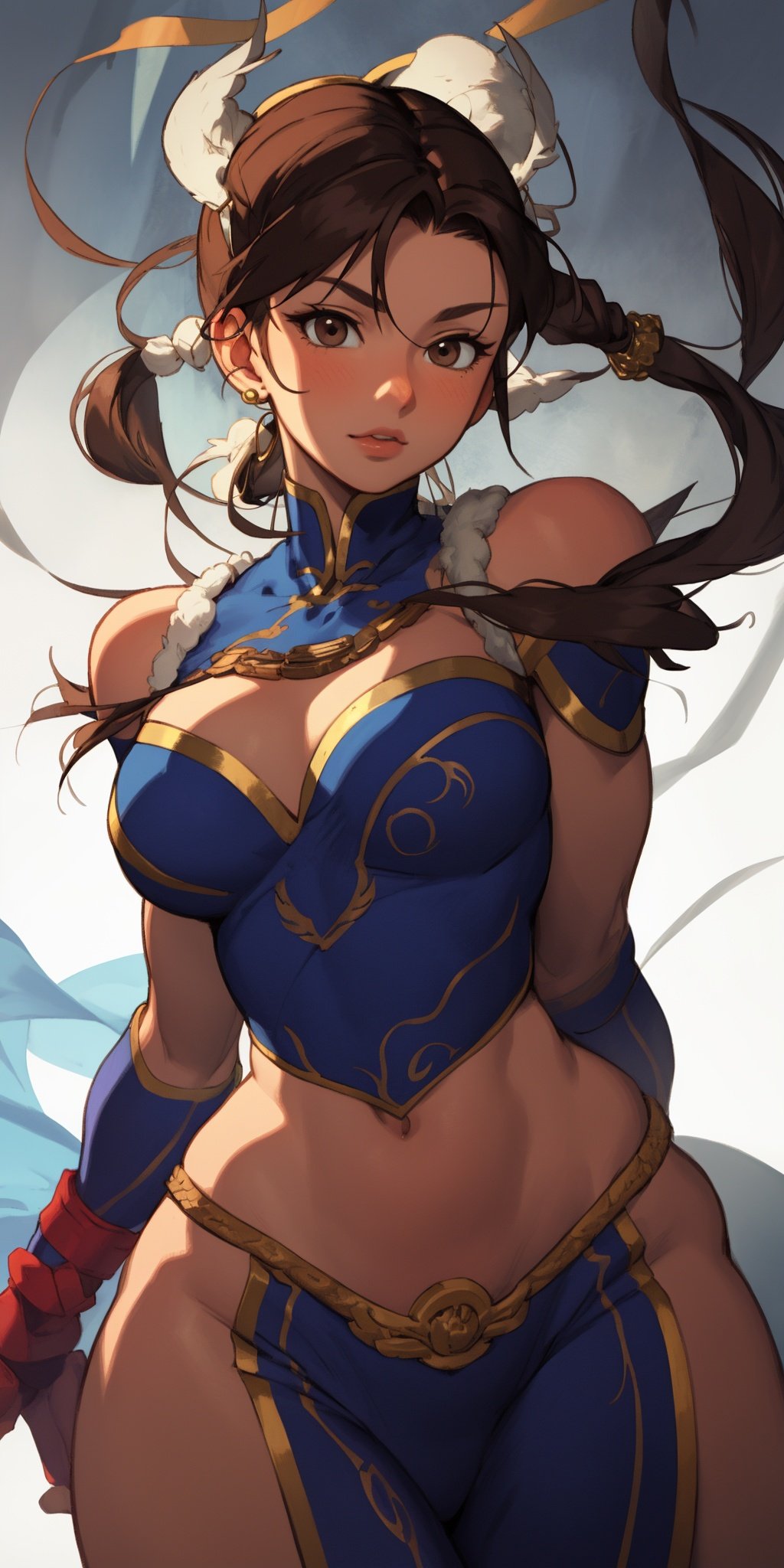 masterpiece, best quality, 1girl, solo, detailed face, detailed eyes, looking at viewer, chun-li, brown hair, brown eyes, double, intricate details, wide hips, anime, cartoon, soft lighting, <lora:EMS-11530-EMS:0.8>