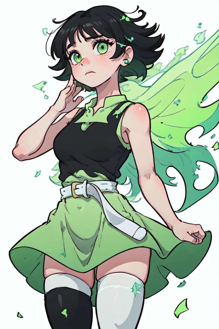 (Buttercup:1.0), (black hair, green eyes, short hair, messy hair:1.2), (dress, light-green sleeveless dress, simple black belt, white thighhighs:1.5), (white background:1.5), (realistic:1.2), (masterpiece:1.2), (full-body-shot:1),(Cowboy-shot:1.2), neon lighting, dark romantic lighting, (highly detailed:1.2),(detailed face:1.2), (gradients), colorful, detailed eyes, (detailed landscape:1.2), (natural lighting:1.2), (cute pose:1.2), (solo, one person, 1girl:1.5), standing, <lora:Buttercup-09:0.9>  <lora:add_detail:0.15> <lora:hipoly3DModelLora_v10:0.05> <lora:RSERomantic_RSESofiko_RSEEmma-v1:0.1> <lora:BeautifulEyes:0.65>