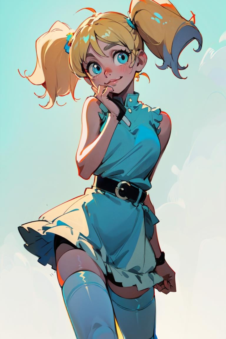 (Bubbles:1.0), smiling, (yellow-blonde hair, blue eyes, short twintails, pigtails), (dress, sky-blue sleeveless dress, simple black belt, white thighhighs:1.5), (blue pastel background:1.5), (realistic:1.2), (masterpiece:1.2), (full-body-shot:1),(Cowboy-shot:1.2), neon lighting, dark romantic lighting, (highly detailed:1.2),(detailed face:1.2), (gradients), colorful, detailed eyes, (detailed landscape:1.2), (natural lighting:1.2), (cute pose:1.2), (solo, one person, one subject:1.5), standing, <lora:Bubbles-08:0.7>  <lora:add_detail:0.15> <lora:hipoly3DModelLora_v10:0.05> <lora:RSERomantic_RSESofiko_RSEEmma-v1:0.1> <lora:BeautifulEyes:0.65>