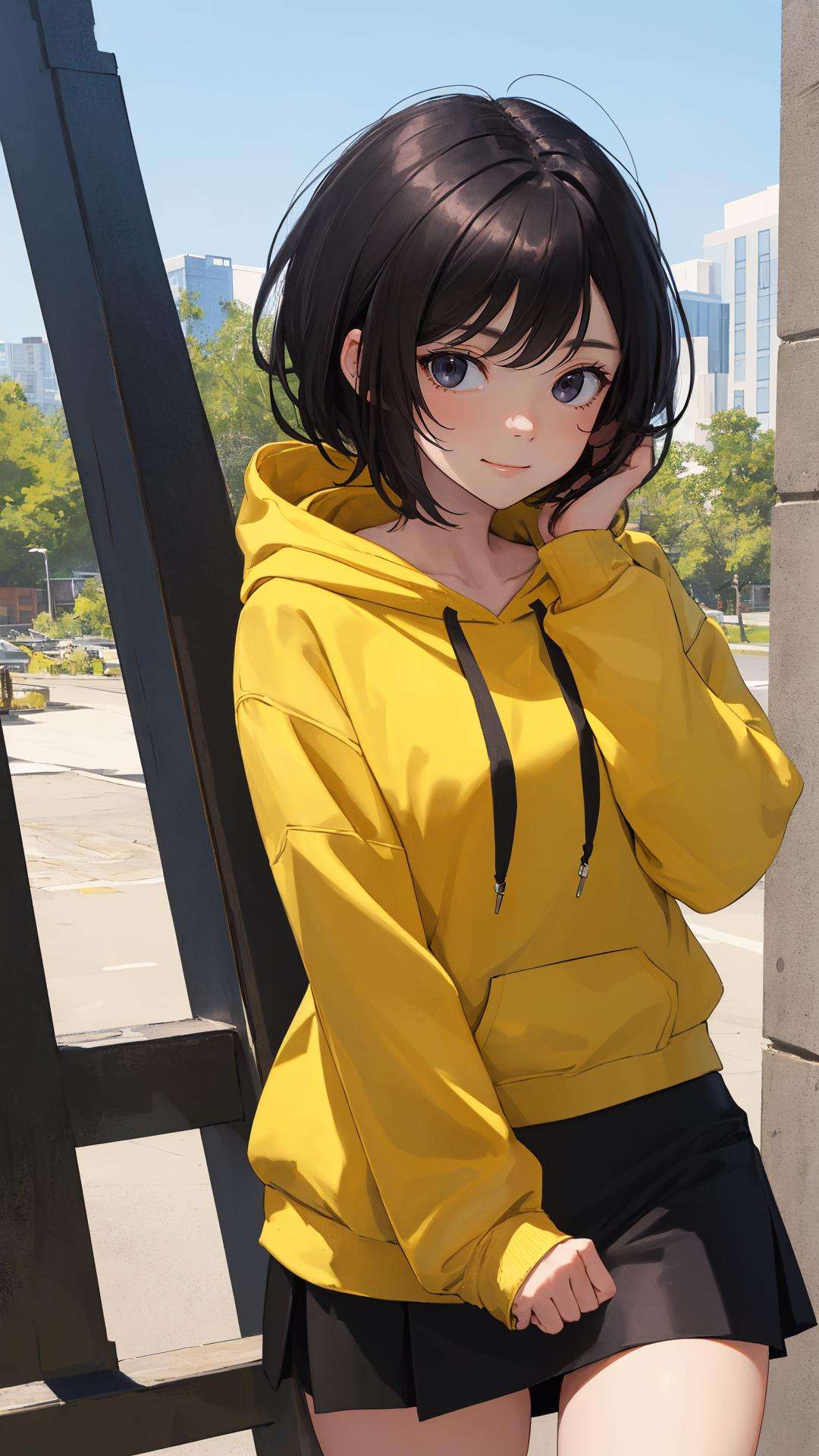 (masterpiece, best quality:1.2), (looking at viewer), (wavy hair:0.8),1girl, (upper body:0.85), (black theme:1.2), {indoors|outdoors}, dark eyes, dark hair, {long hair|medium hair|short hair|updo}, hoodie, (tight skirt:1.2),({happy face|peaceful face|shy face|curious face}),