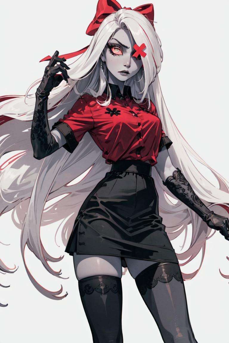 (Vaggie:1.0), (hotel outfit, red shirt, black skirt, stockings, gloves:1.5), (pink sclera, black pupil, grey skin, white hair, long hair, hair bow:1.2), (white background:1.5), (realistic:1.2), (masterpiece:1.2), (full-body-shot:1),(Cowboy-shot:1.2), neon lighting, dark romantic lighting, (highly detailed:1.2),(detailed face:1.2), (gradients), colorful, detailed eyes, (detailed landscape:1.2), (natural lighting:1.2), (cute pose:1.2), (solo, one person, 1girl:1.5), standing, <lora:VaggieHazbinHotel-09:0.8>  <lora:add_detail:0.15> <lora:hipoly3DModelLora_v10:0.05> <lora:RSERomantic_RSESofiko_RSEEmma-v1:0.1> <lora:BeautifulEyes:0.65> <lyco:coloredSkin-08:0.4>